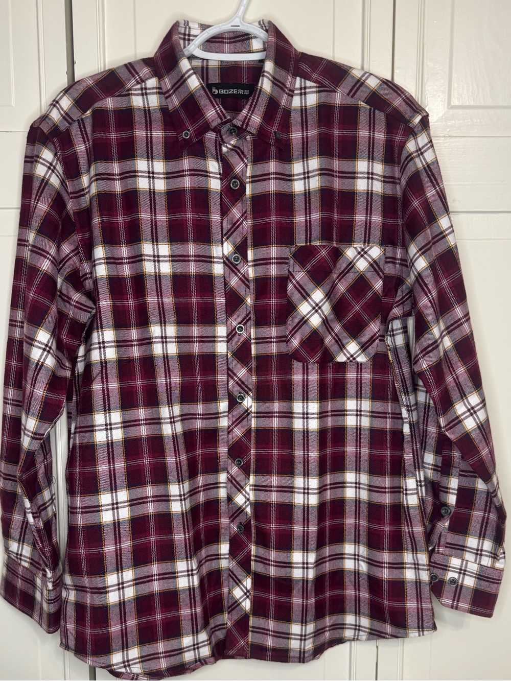 Men’s Burgundy and White Plaid Button-Down Shirt